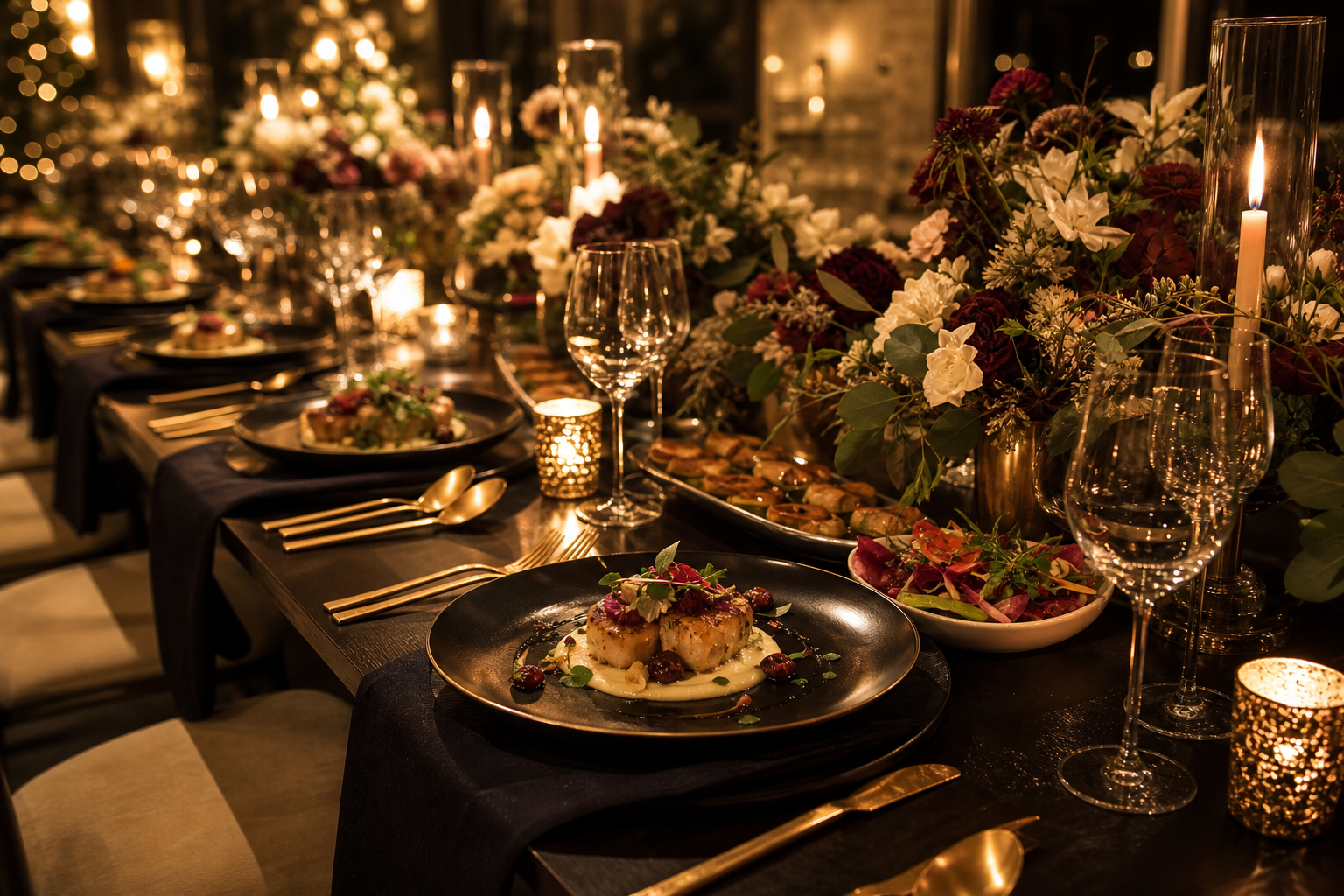 Upscale catered dinner table with candles and place settings