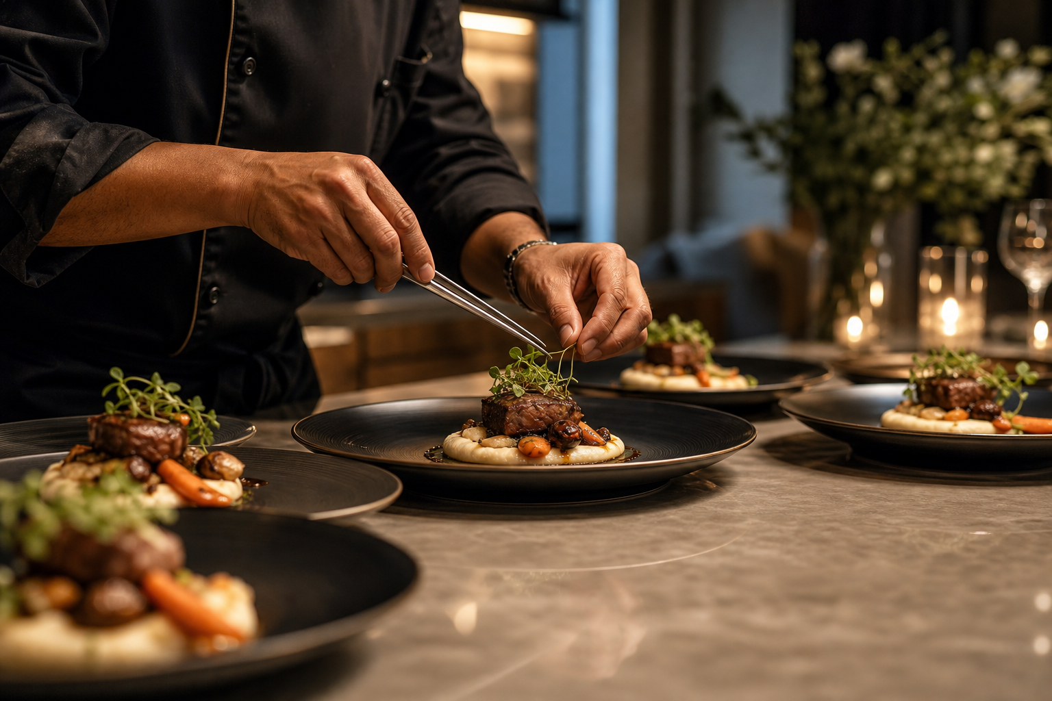 Private chef plating an upscale dinner course